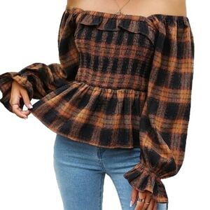 BMJL NWT Brown Black Plaid Square Neck Puff Sleeve Peplum Flannel Top Size L